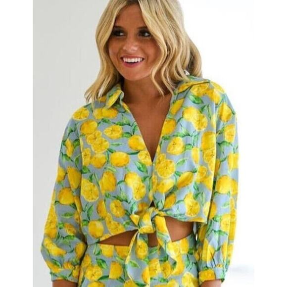 Zara Lemon Print Tie-Waist Top Womens Medium Linen Blend Beachy Novelty Fruit - Picture 1 of 11